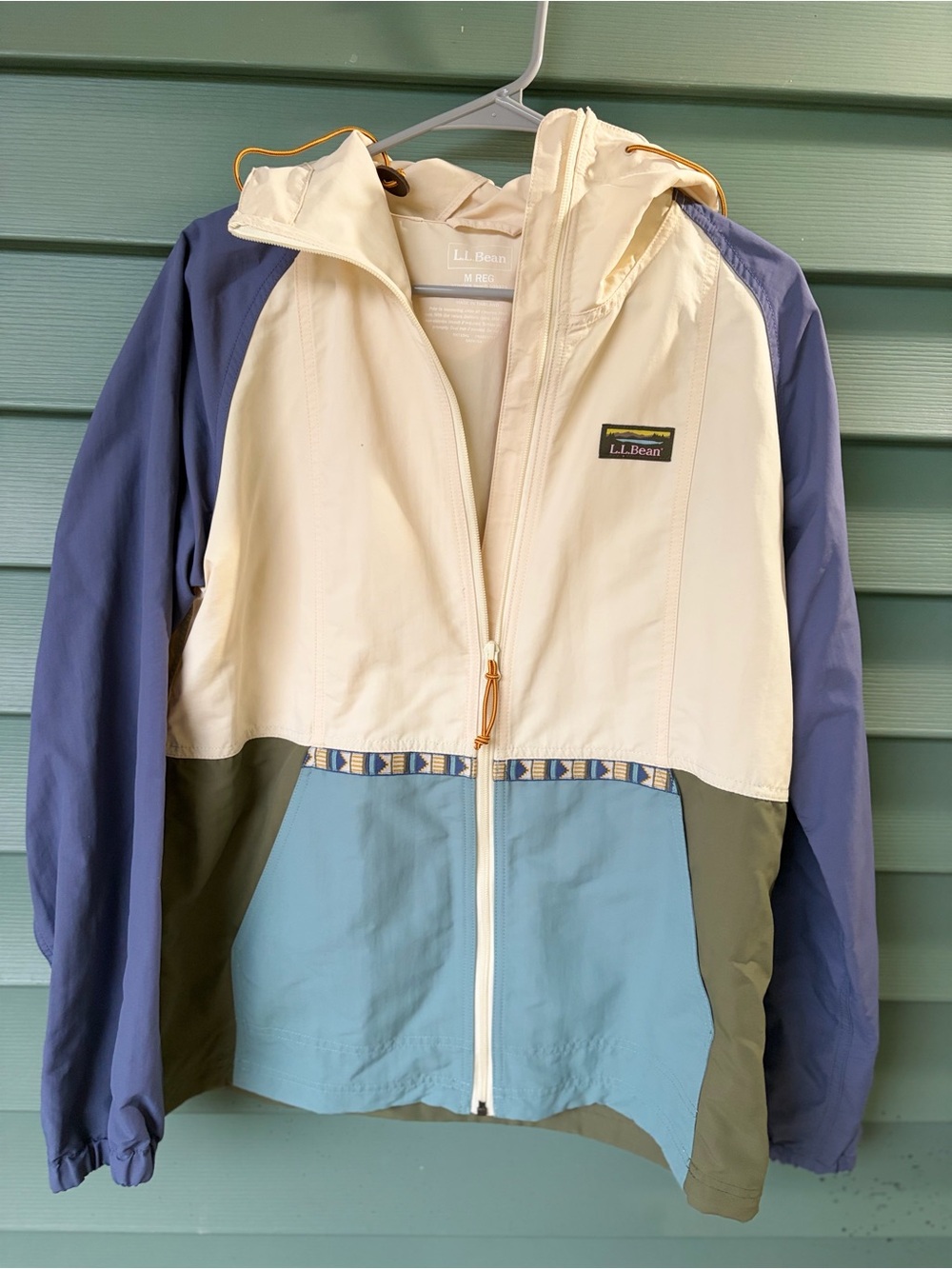 L.L. Bean Colorblock Hooded Rain Jacket in Cream, Blue & Green